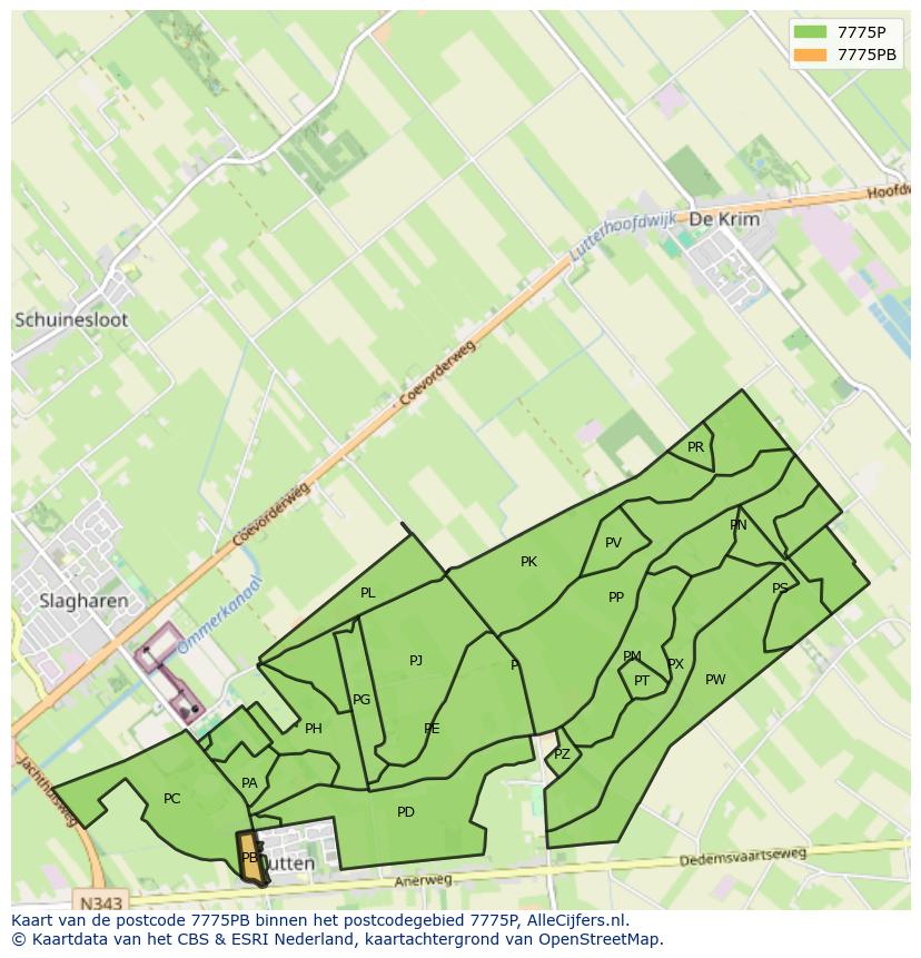 Afbeelding van het postcodegebied 7775 PB op de kaart.