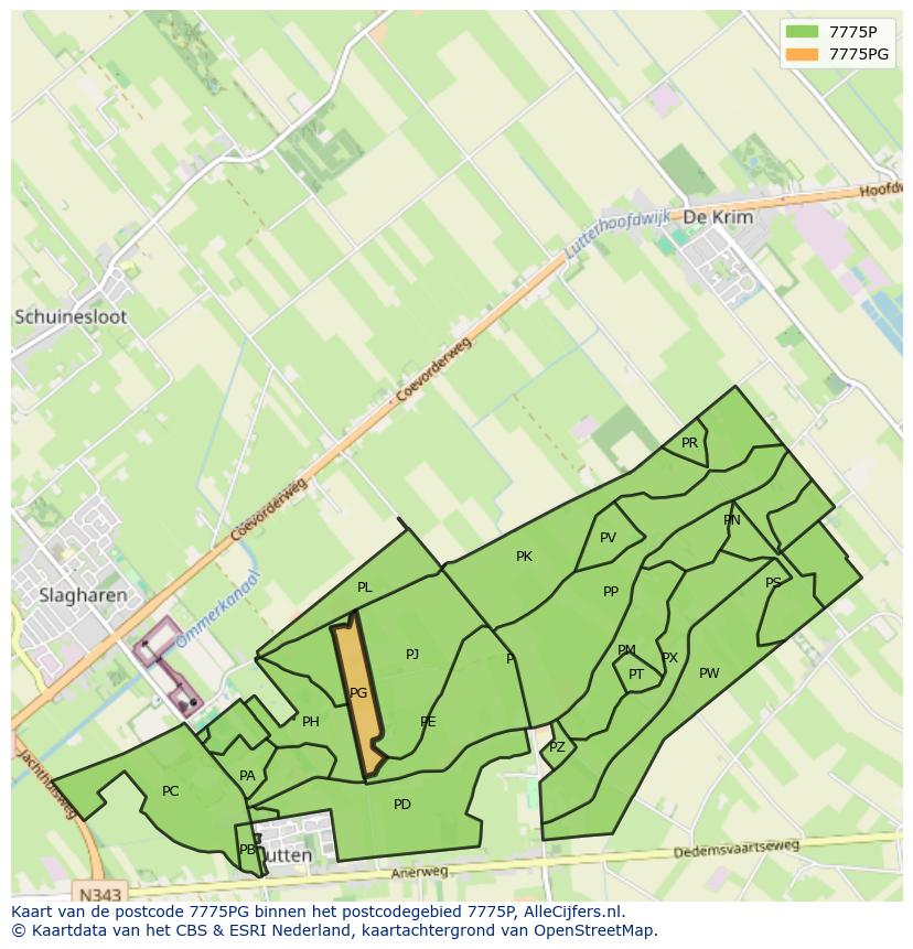 Afbeelding van het postcodegebied 7775 PG op de kaart.