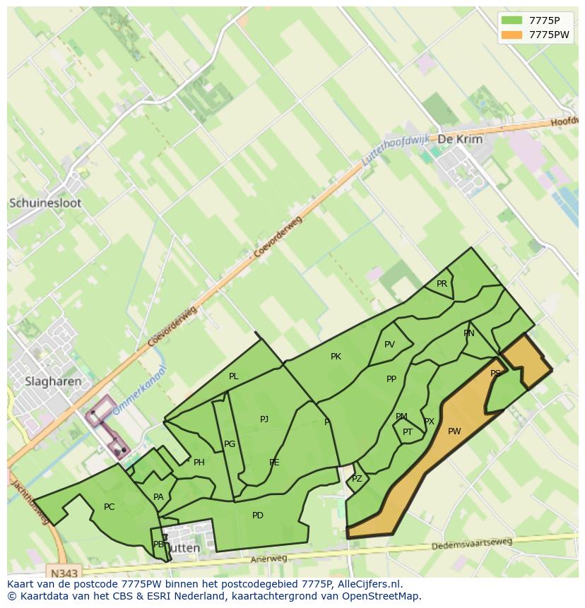 Afbeelding van het postcodegebied 7775 PW op de kaart.