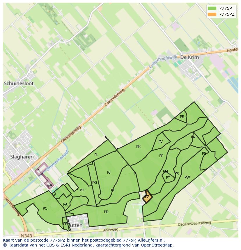 Afbeelding van het postcodegebied 7775 PZ op de kaart.