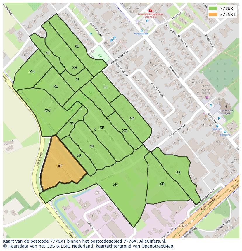 Afbeelding van het postcodegebied 7776 XT op de kaart.