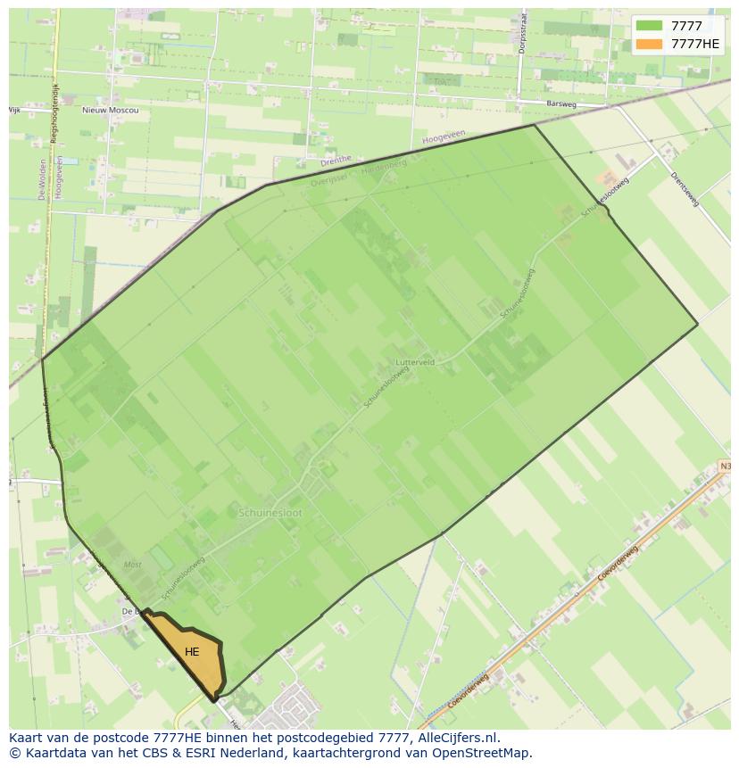 Afbeelding van het postcodegebied 7777 HE op de kaart.