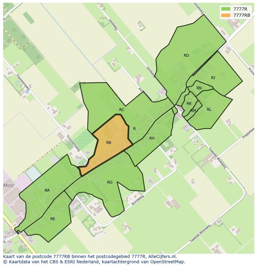 Afbeelding van het postcodegebied 7777 RB op de kaart.