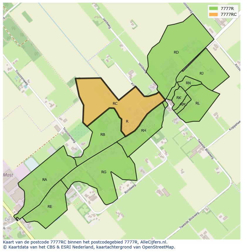 Afbeelding van het postcodegebied 7777 RC op de kaart.