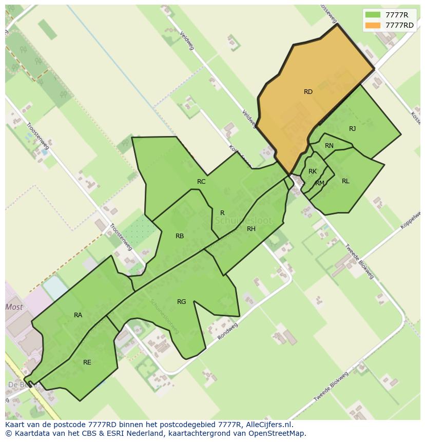 Afbeelding van het postcodegebied 7777 RD op de kaart.