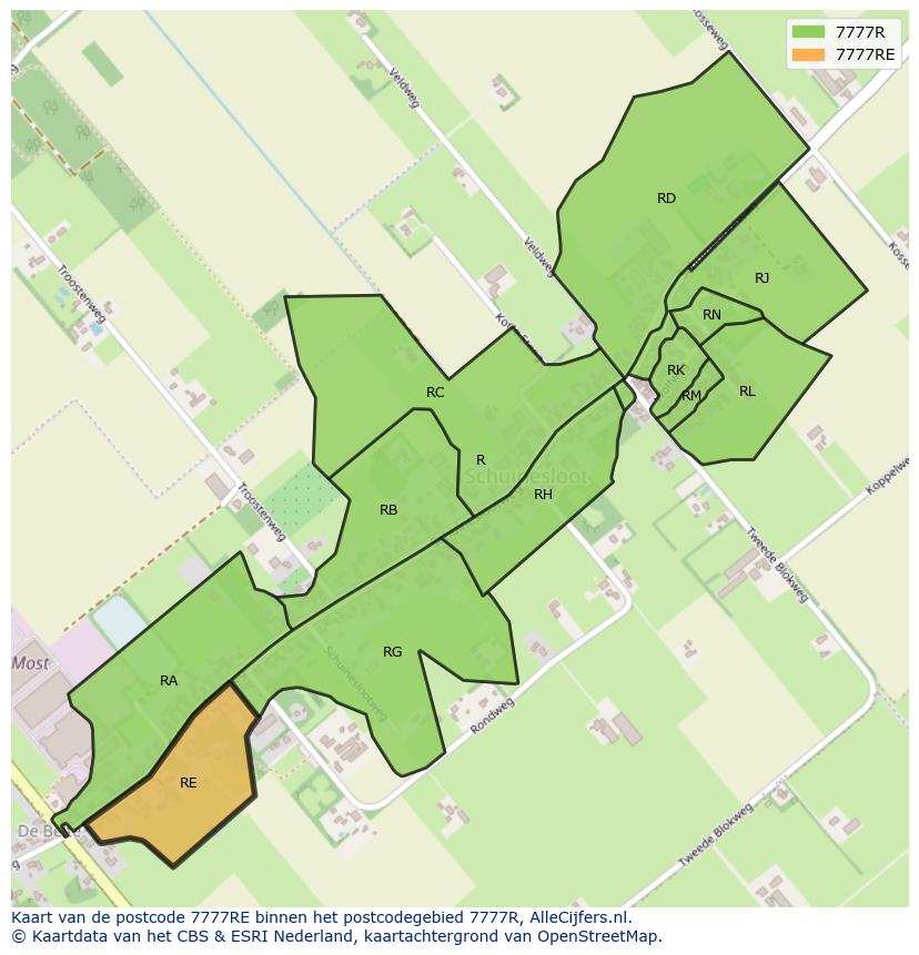 Afbeelding van het postcodegebied 7777 RE op de kaart.
