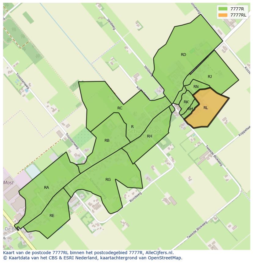 Afbeelding van het postcodegebied 7777 RL op de kaart.
