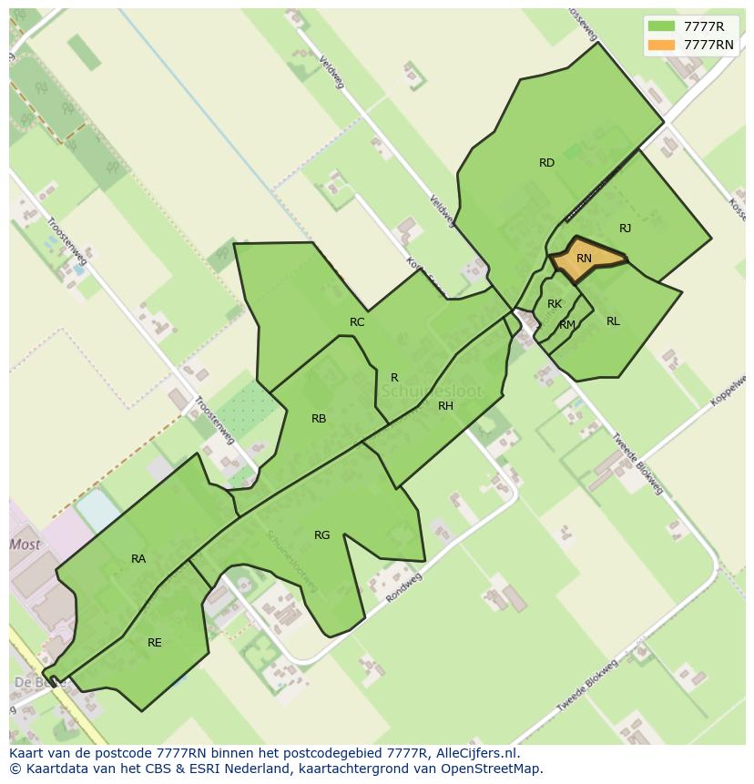 Afbeelding van het postcodegebied 7777 RN op de kaart.
