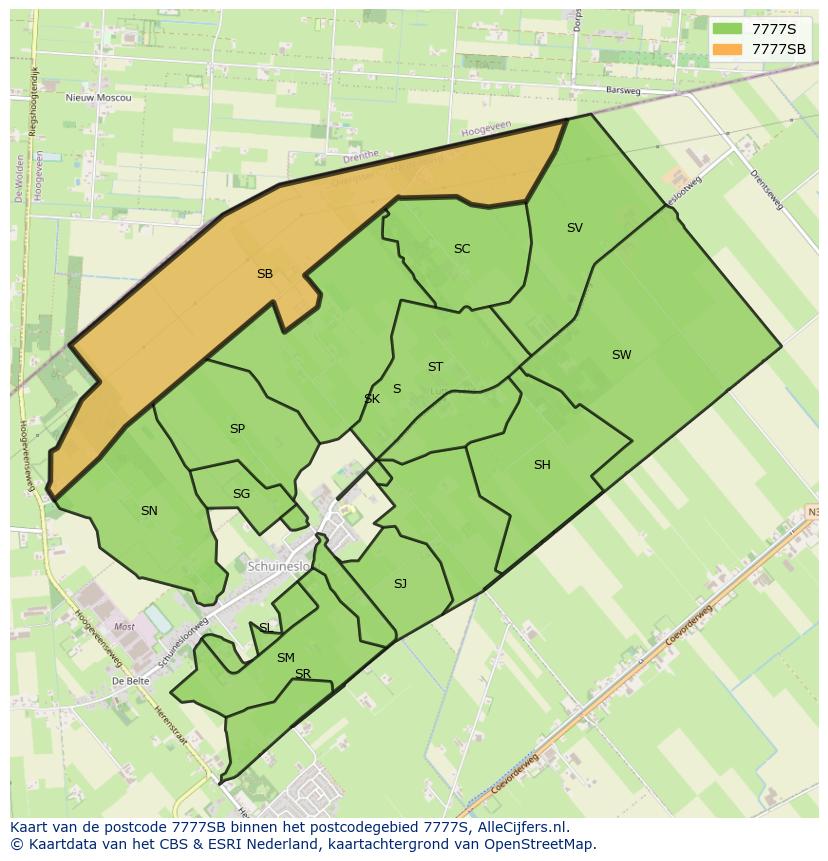 Afbeelding van het postcodegebied 7777 SB op de kaart.