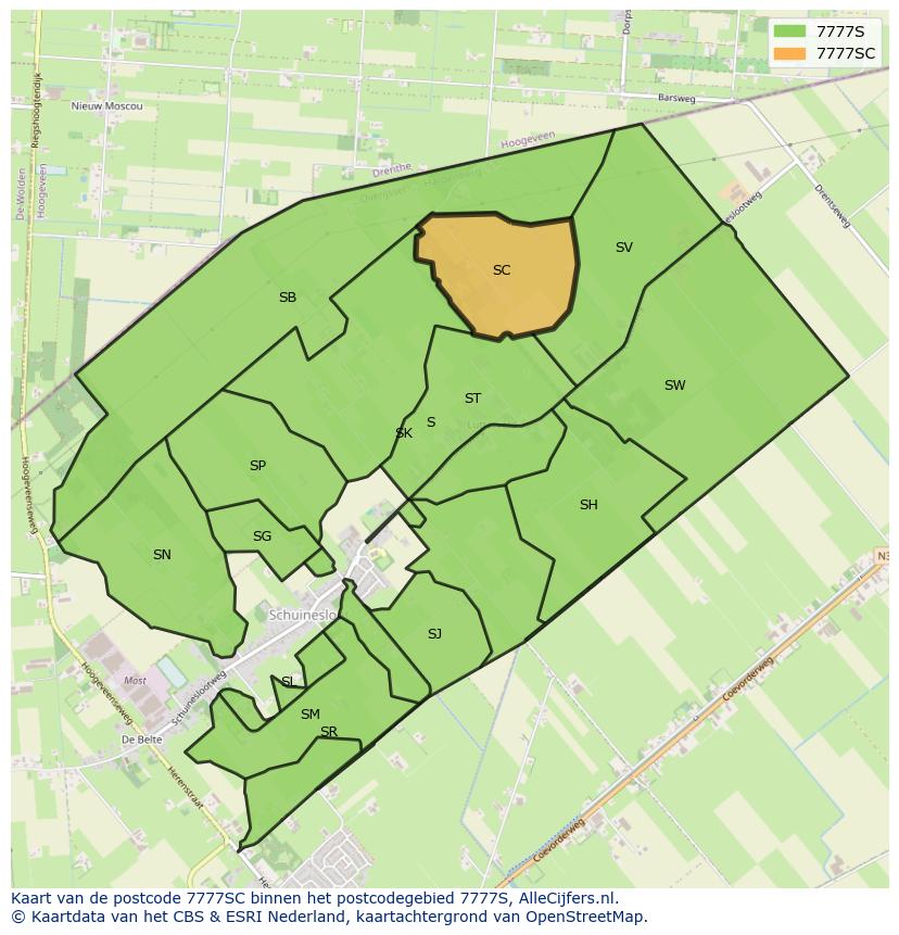Afbeelding van het postcodegebied 7777 SC op de kaart.