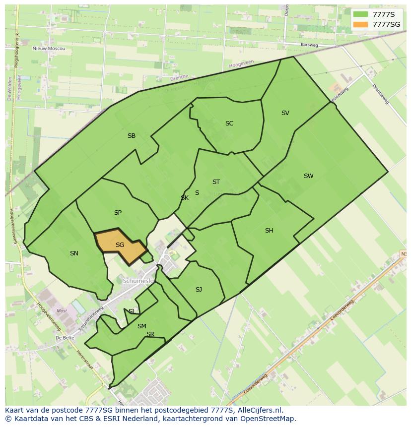 Afbeelding van het postcodegebied 7777 SG op de kaart.