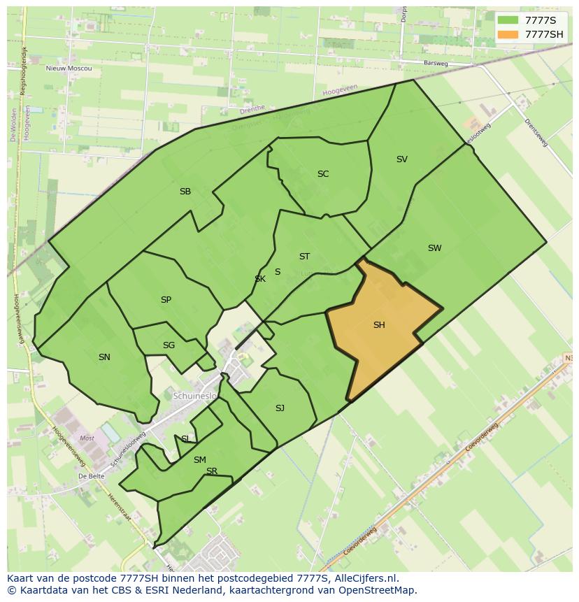 Afbeelding van het postcodegebied 7777 SH op de kaart.
