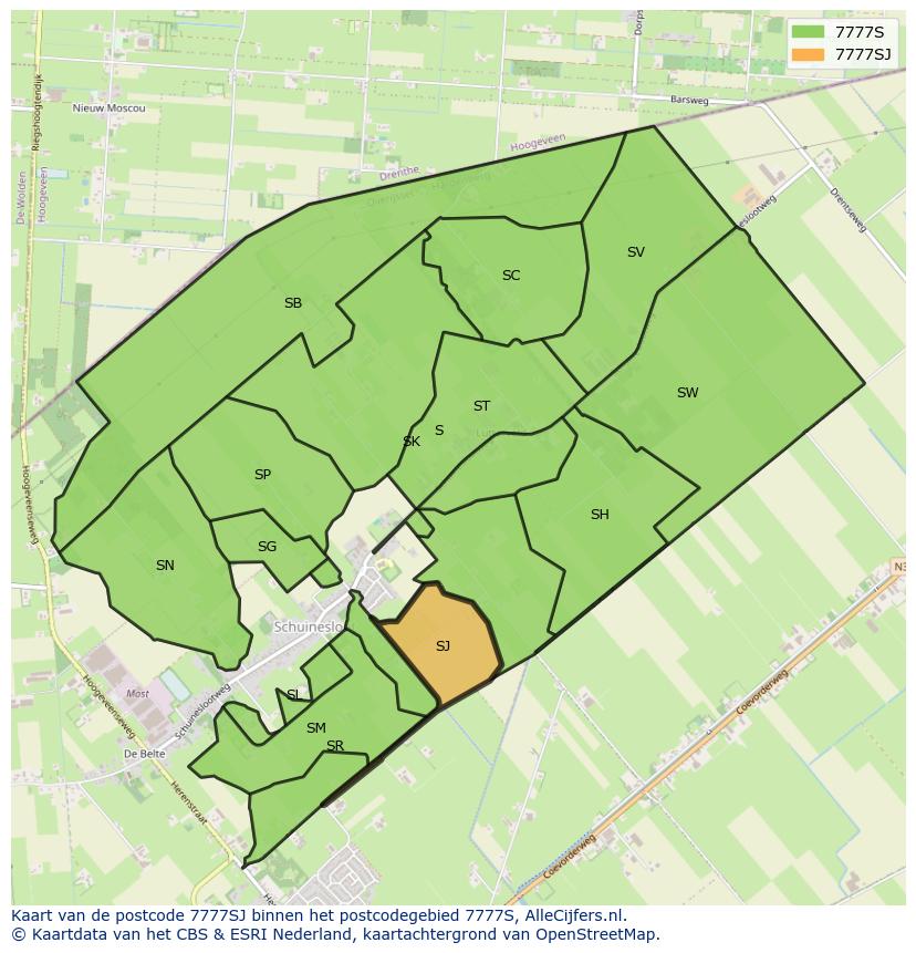 Afbeelding van het postcodegebied 7777 SJ op de kaart.