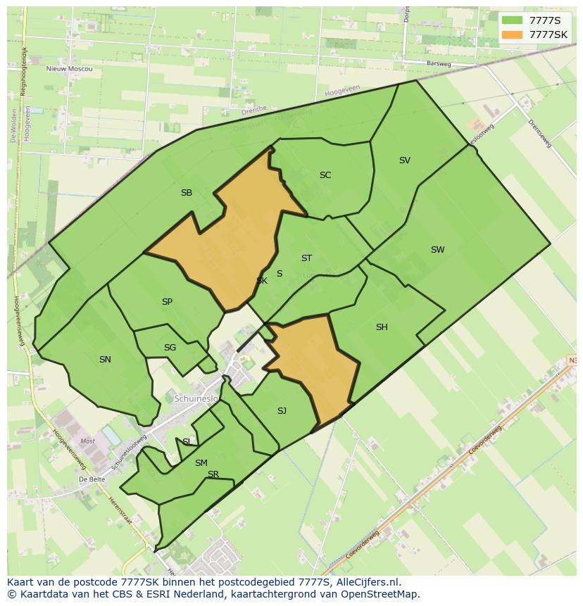 Afbeelding van het postcodegebied 7777 SK op de kaart.