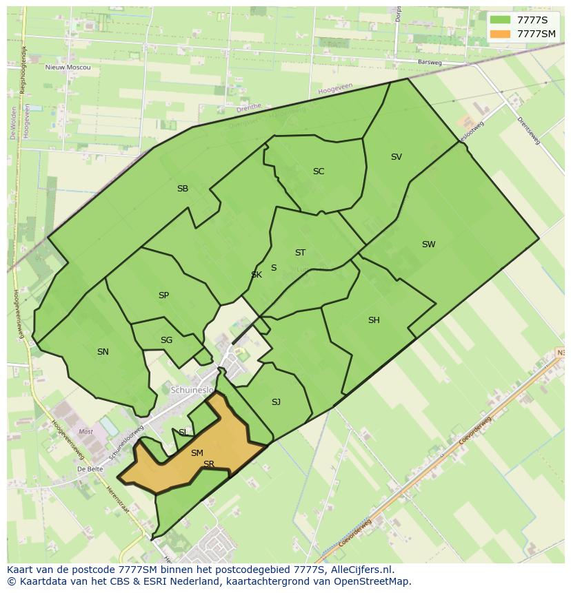 Afbeelding van het postcodegebied 7777 SM op de kaart.