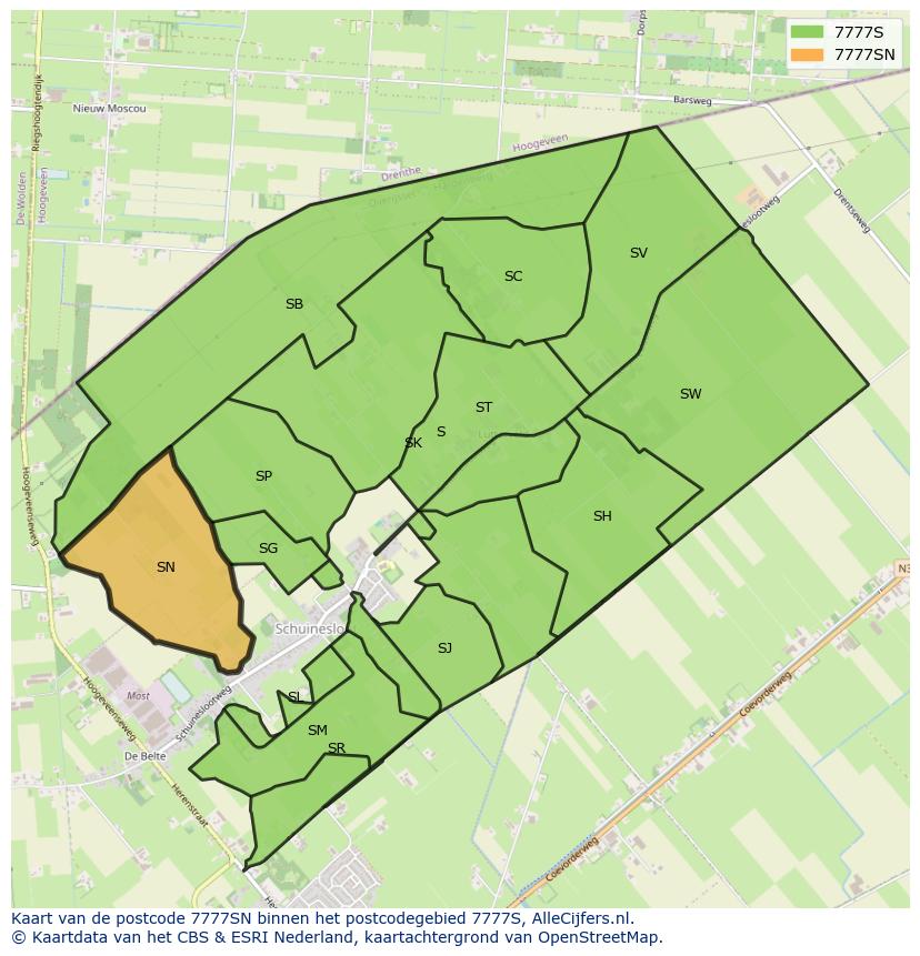 Afbeelding van het postcodegebied 7777 SN op de kaart.
