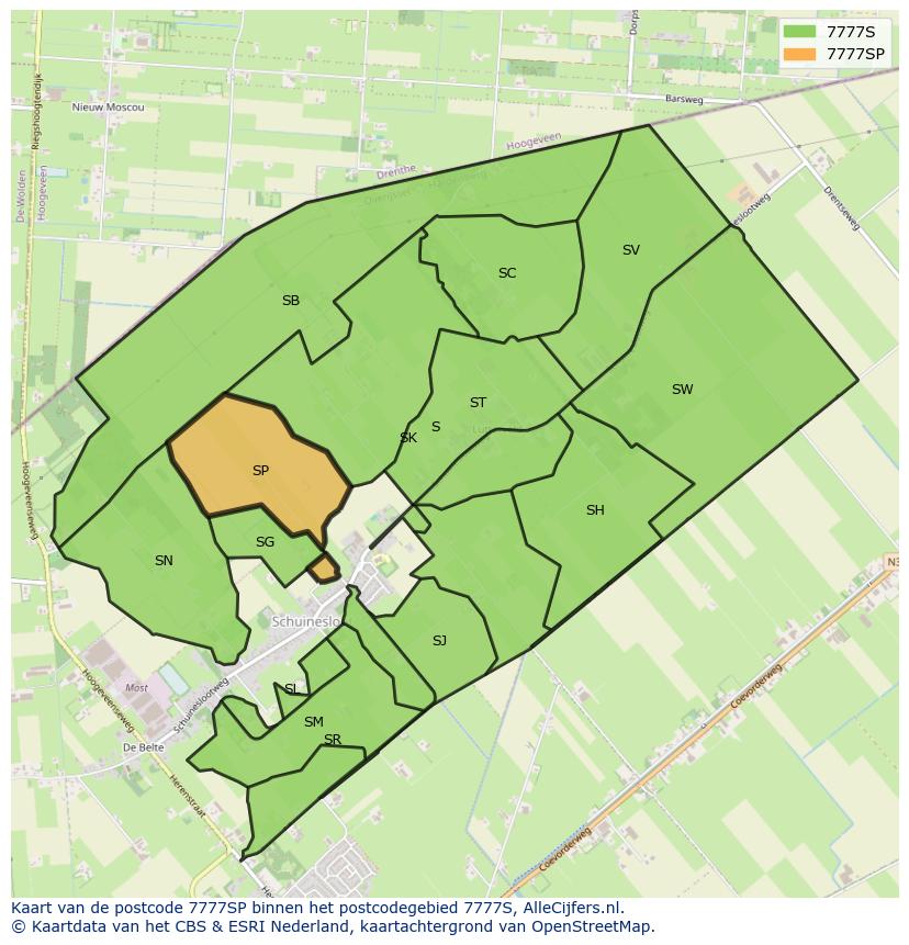 Afbeelding van het postcodegebied 7777 SP op de kaart.