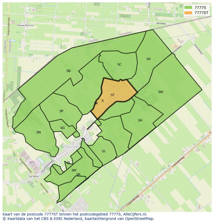 Afbeelding van het postcodegebied 7777 ST op de kaart.