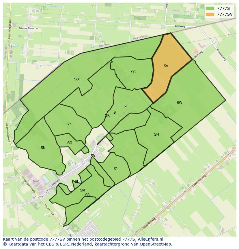 Afbeelding van het postcodegebied 7777 SV op de kaart.
