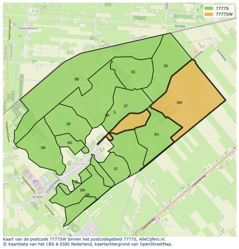 Afbeelding van het postcodegebied 7777 SW op de kaart.