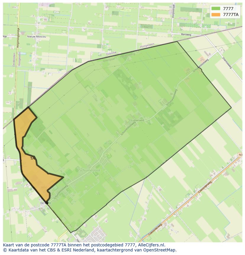 Afbeelding van het postcodegebied 7777 TA op de kaart.