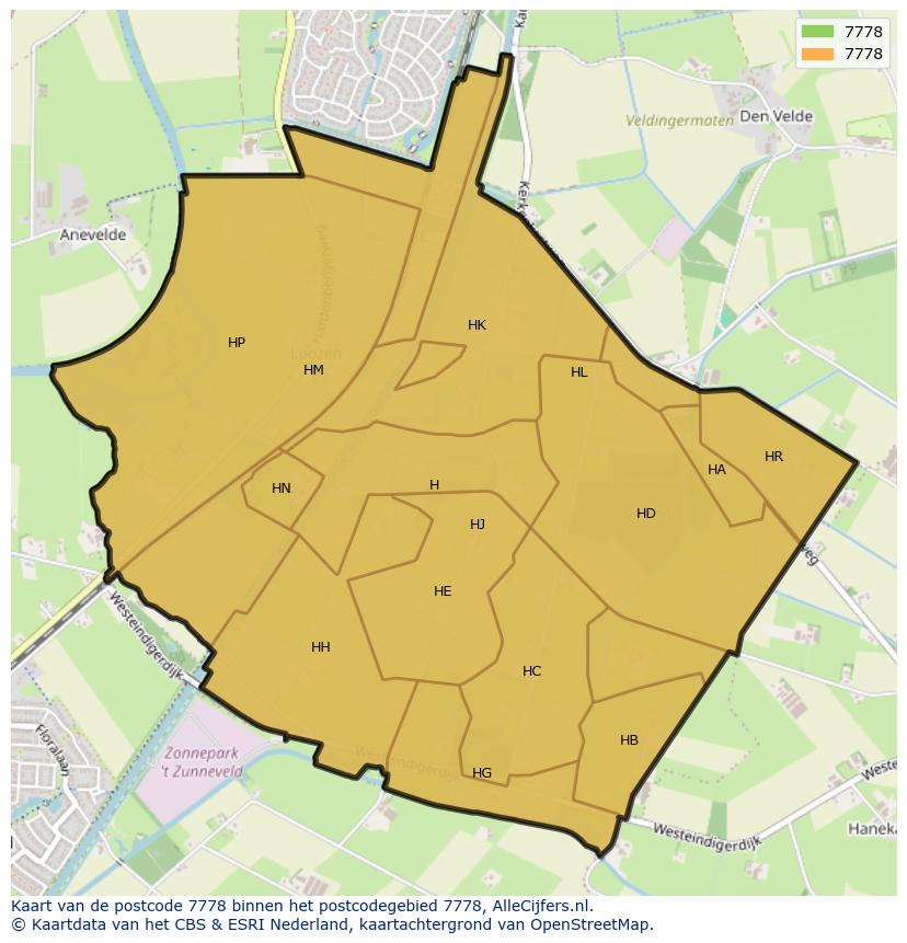 Afbeelding van het postcodegebied 7778 op de kaart.