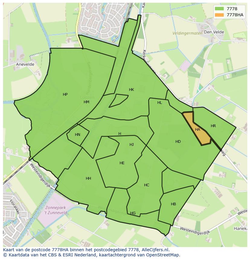 Afbeelding van het postcodegebied 7778 HA op de kaart.
