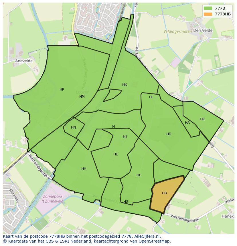 Afbeelding van het postcodegebied 7778 HB op de kaart.