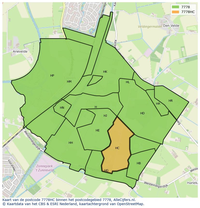 Afbeelding van het postcodegebied 7778 HC op de kaart.