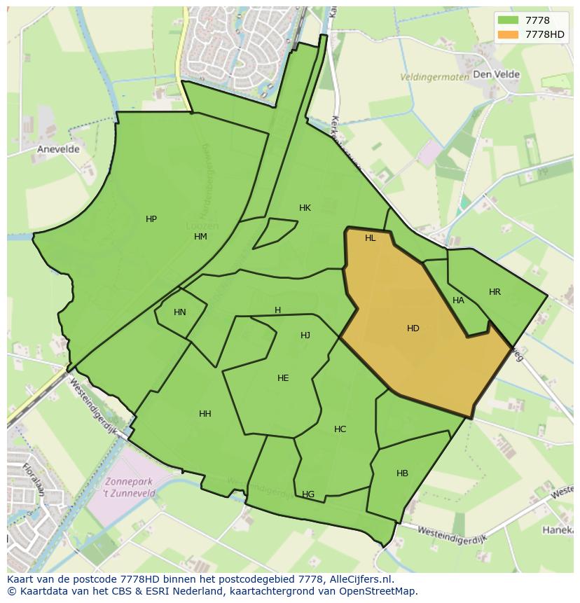 Afbeelding van het postcodegebied 7778 HD op de kaart.