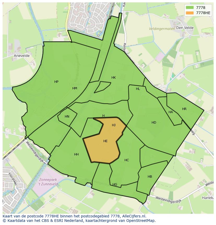 Afbeelding van het postcodegebied 7778 HE op de kaart.