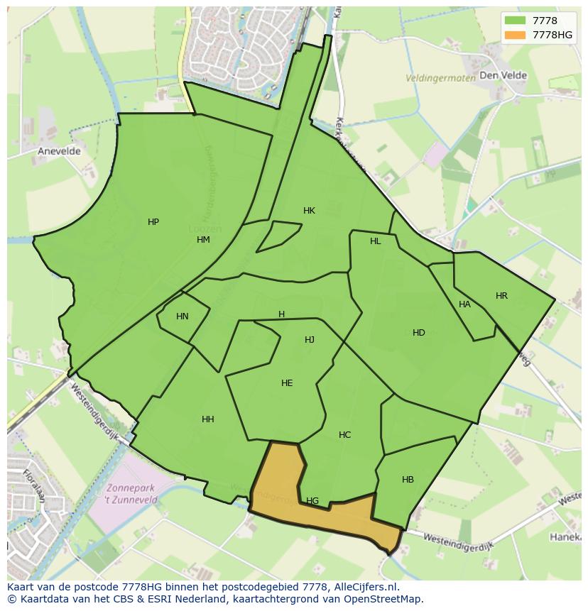 Afbeelding van het postcodegebied 7778 HG op de kaart.