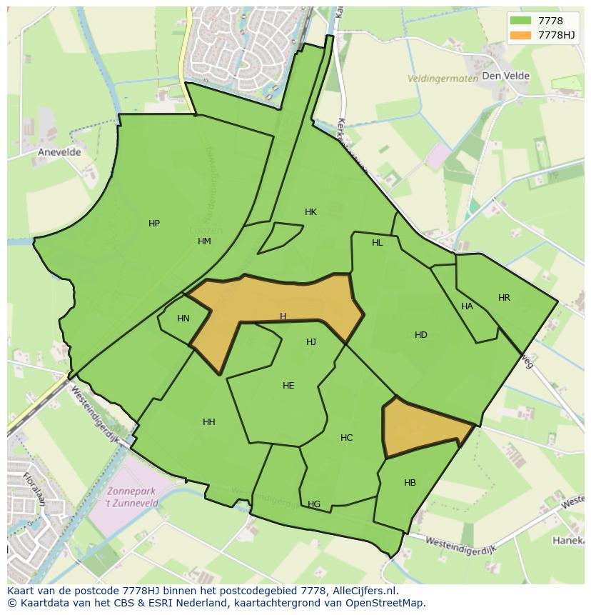 Afbeelding van het postcodegebied 7778 HJ op de kaart.