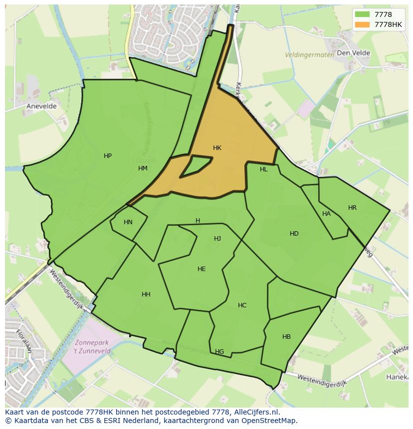Afbeelding van het postcodegebied 7778 HK op de kaart.