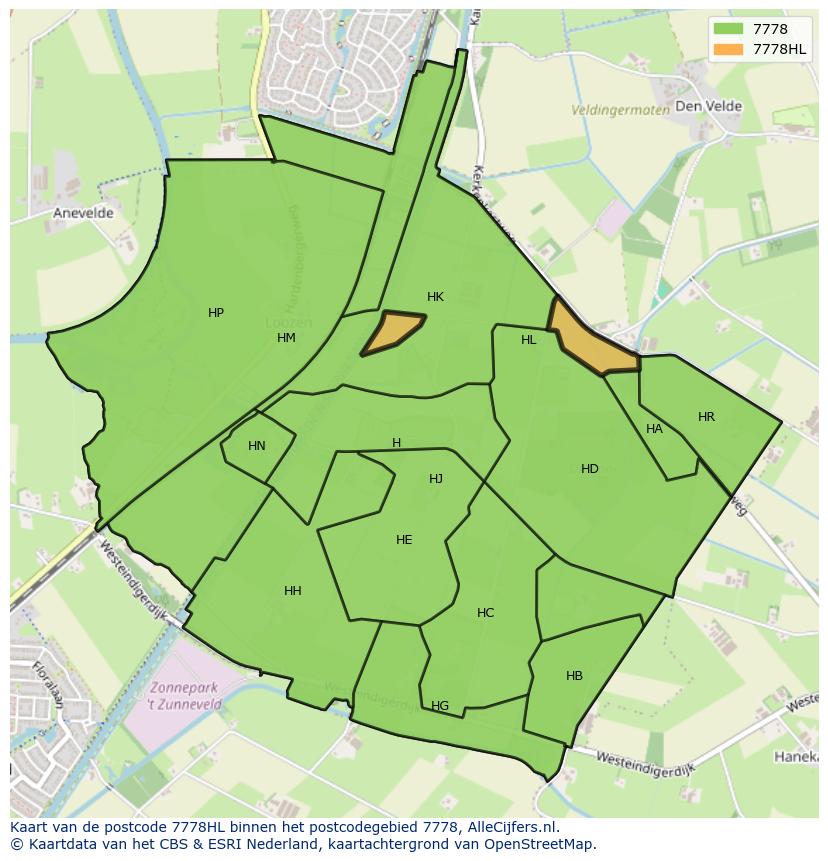 Afbeelding van het postcodegebied 7778 HL op de kaart.