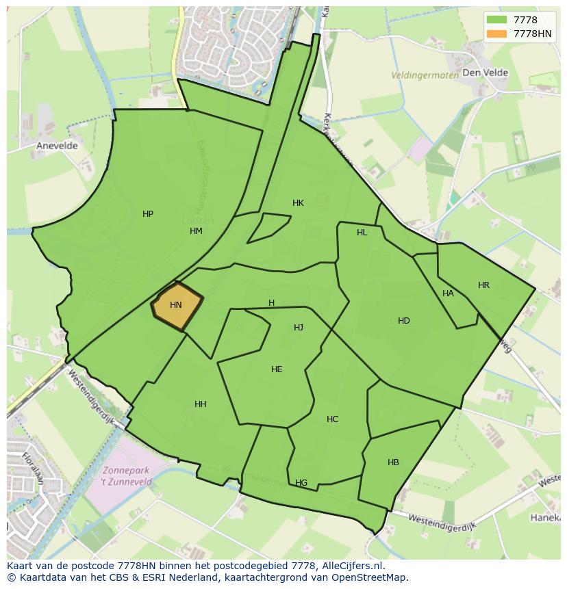 Afbeelding van het postcodegebied 7778 HN op de kaart.