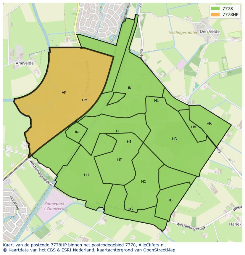 Afbeelding van het postcodegebied 7778 HP op de kaart.