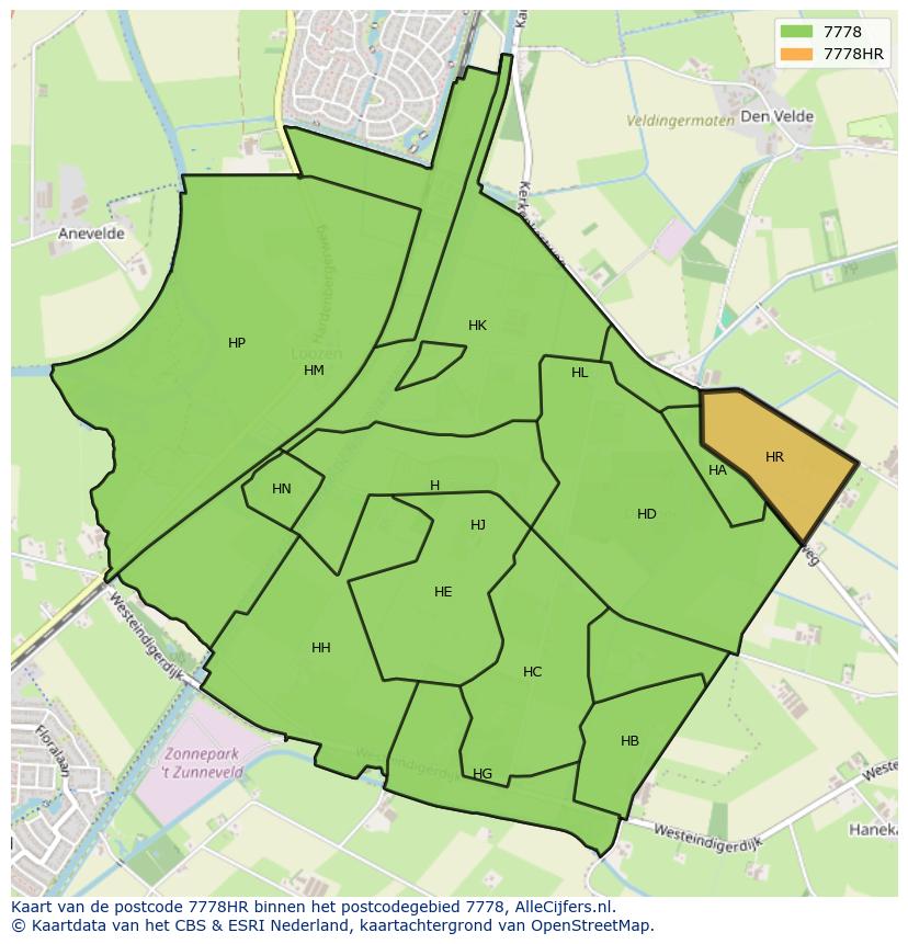 Afbeelding van het postcodegebied 7778 HR op de kaart.