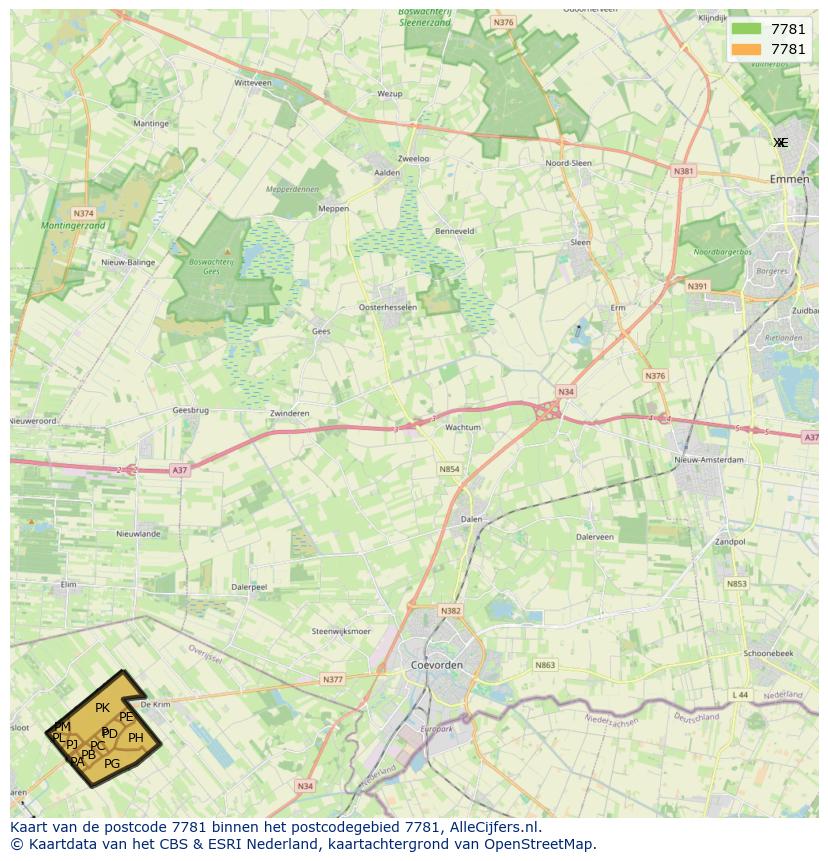 Afbeelding van het postcodegebied 7781 op de kaart.