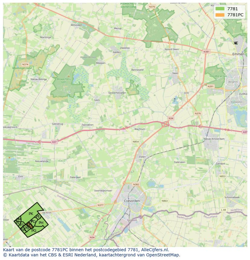 Afbeelding van het postcodegebied 7781 PC op de kaart.