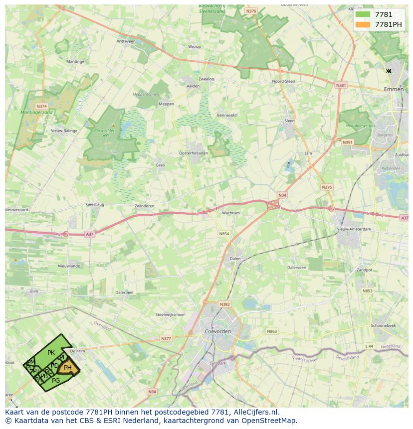 Afbeelding van het postcodegebied 7781 PH op de kaart.