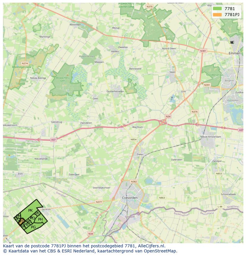 Afbeelding van het postcodegebied 7781 PJ op de kaart.