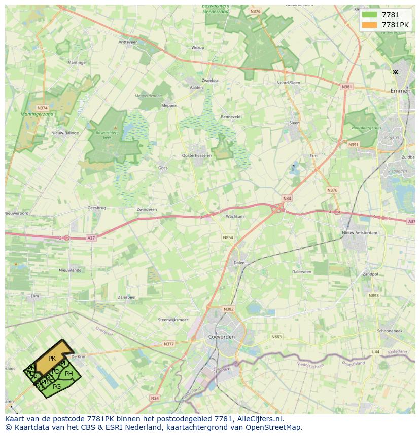 Afbeelding van het postcodegebied 7781 PK op de kaart.