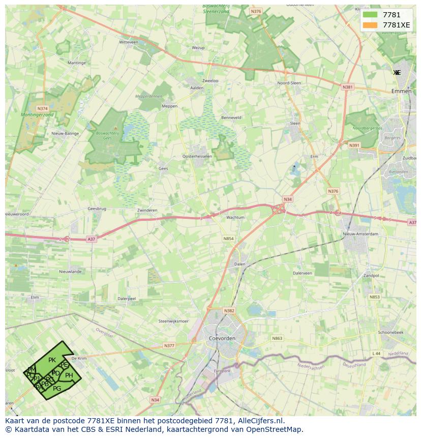 Afbeelding van het postcodegebied 7781 XE op de kaart.