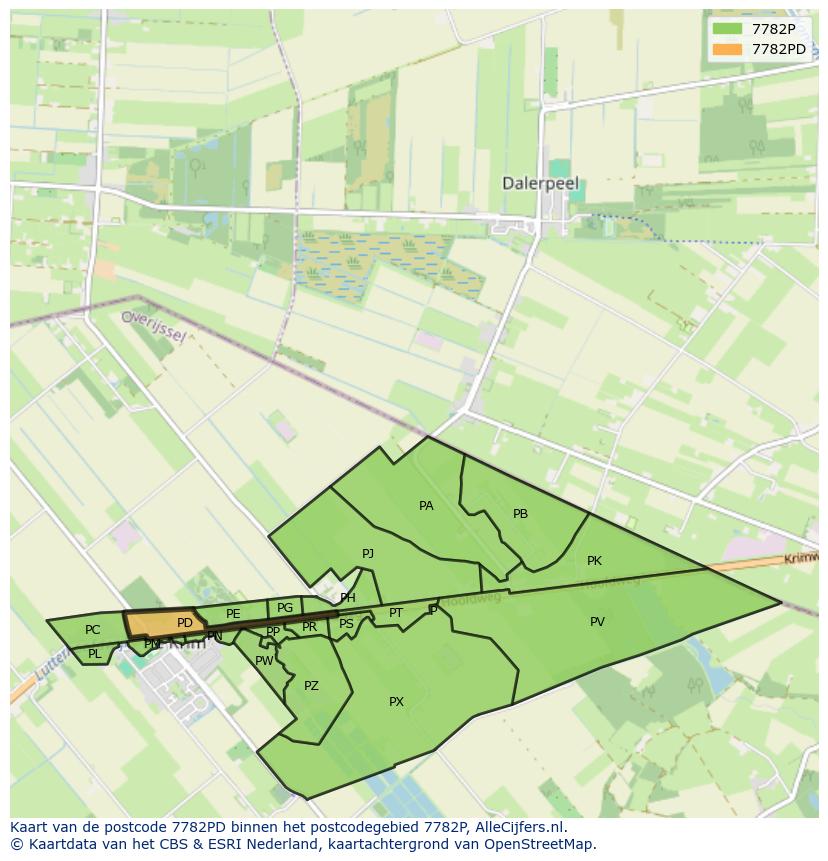 Afbeelding van het postcodegebied 7782 PD op de kaart.