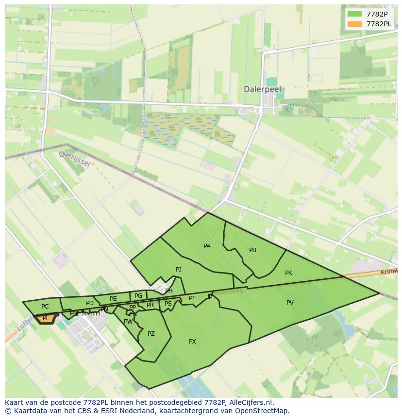 Afbeelding van het postcodegebied 7782 PL op de kaart.
