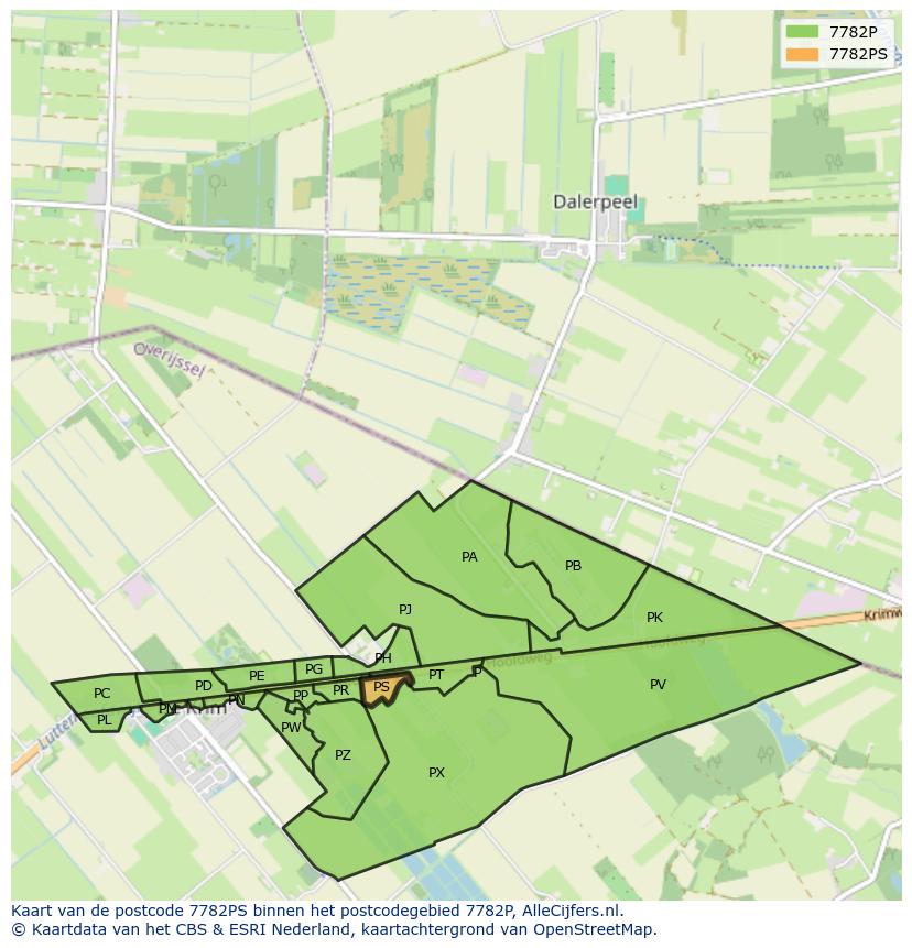 Afbeelding van het postcodegebied 7782 PS op de kaart.