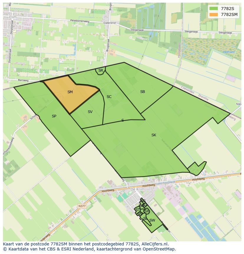 Afbeelding van het postcodegebied 7782 SM op de kaart.