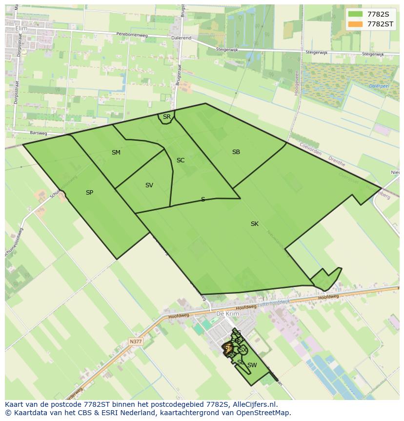 Afbeelding van het postcodegebied 7782 ST op de kaart.