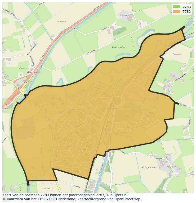 Afbeelding van het postcodegebied 7783 op de kaart.